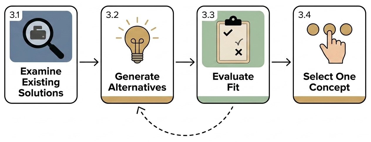 Step 3 timeline — 3.1 Examine Existing Solutions → 3.2 Generate Alternatives → 3.3 Evaluate Fit → 3.4 Select One Concept; with iteration loop from 3.3 back to 3.2